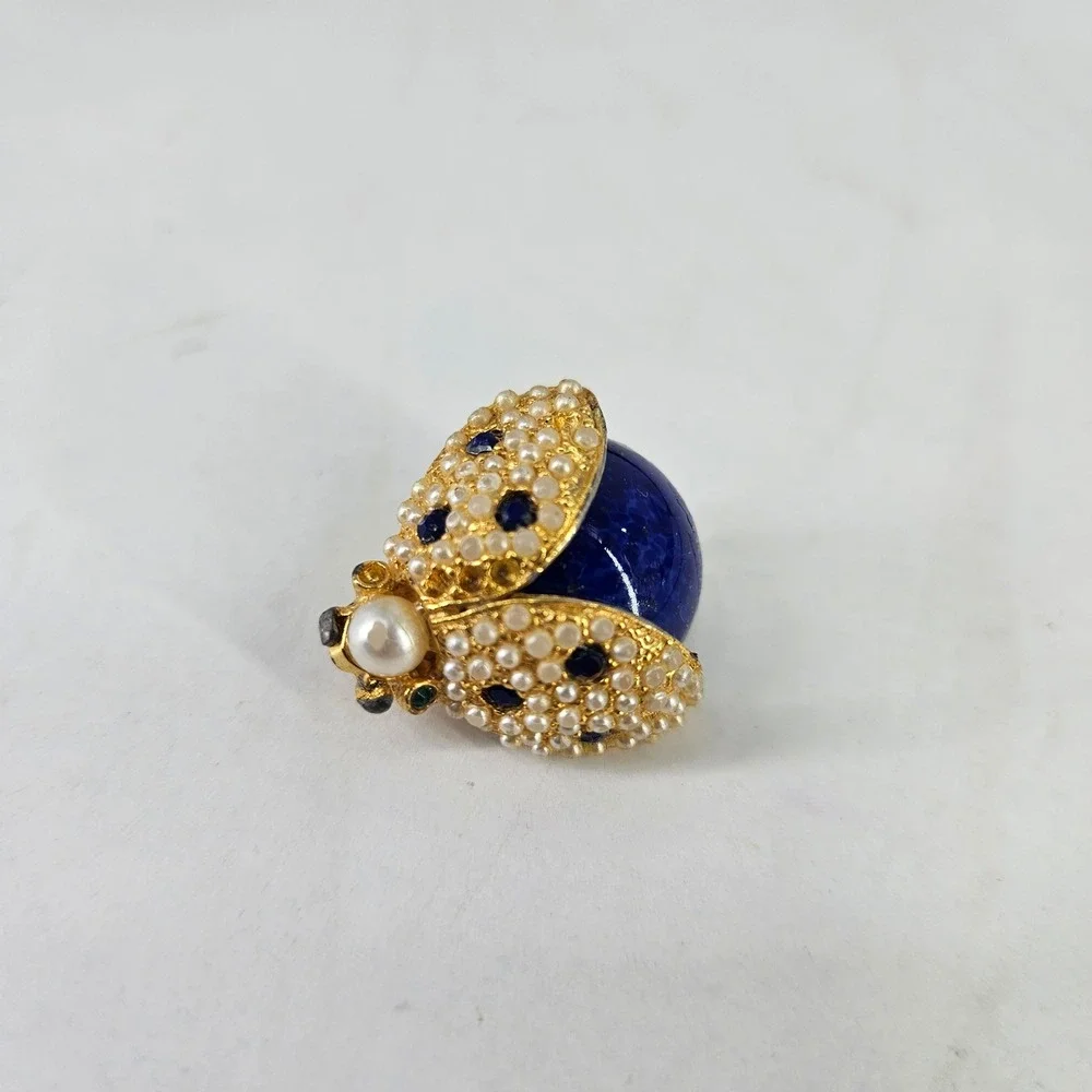 Carlyle Vintage Gold Tone Ladybug Brooch Faux Pearl‎ Blue Lapis Cabochon Beetle